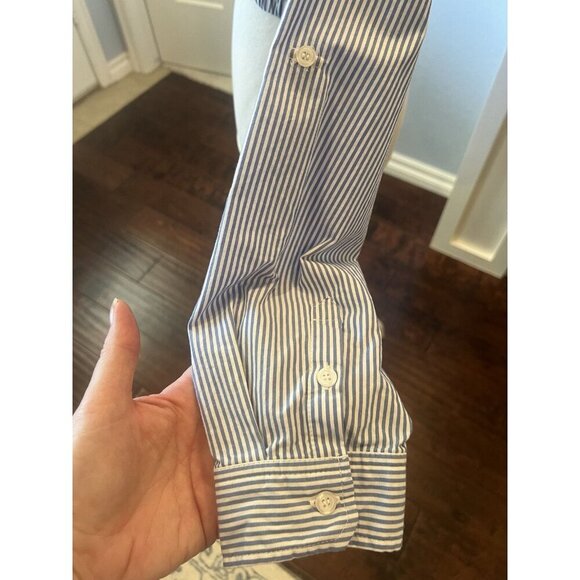 Love Tree 100% Cotton Blue White Striped Top Blouse Elastic Cropped Waist Size L - Picture 8 of 10